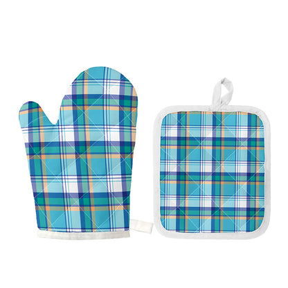 Blue Madras Pattern Print Oven Mitt And Pot Holder Set