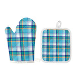 Blue Madras Pattern Print Oven Mitt And Pot Holder Set