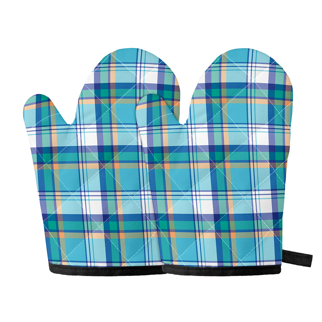 Blue Madras Pattern Print Oven Mitts