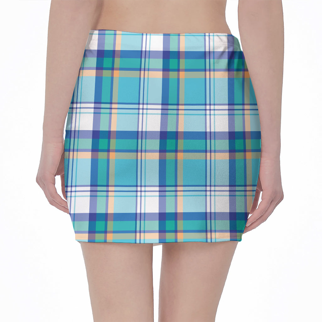 Blue Madras Pattern Print Pencil Mini Skirt