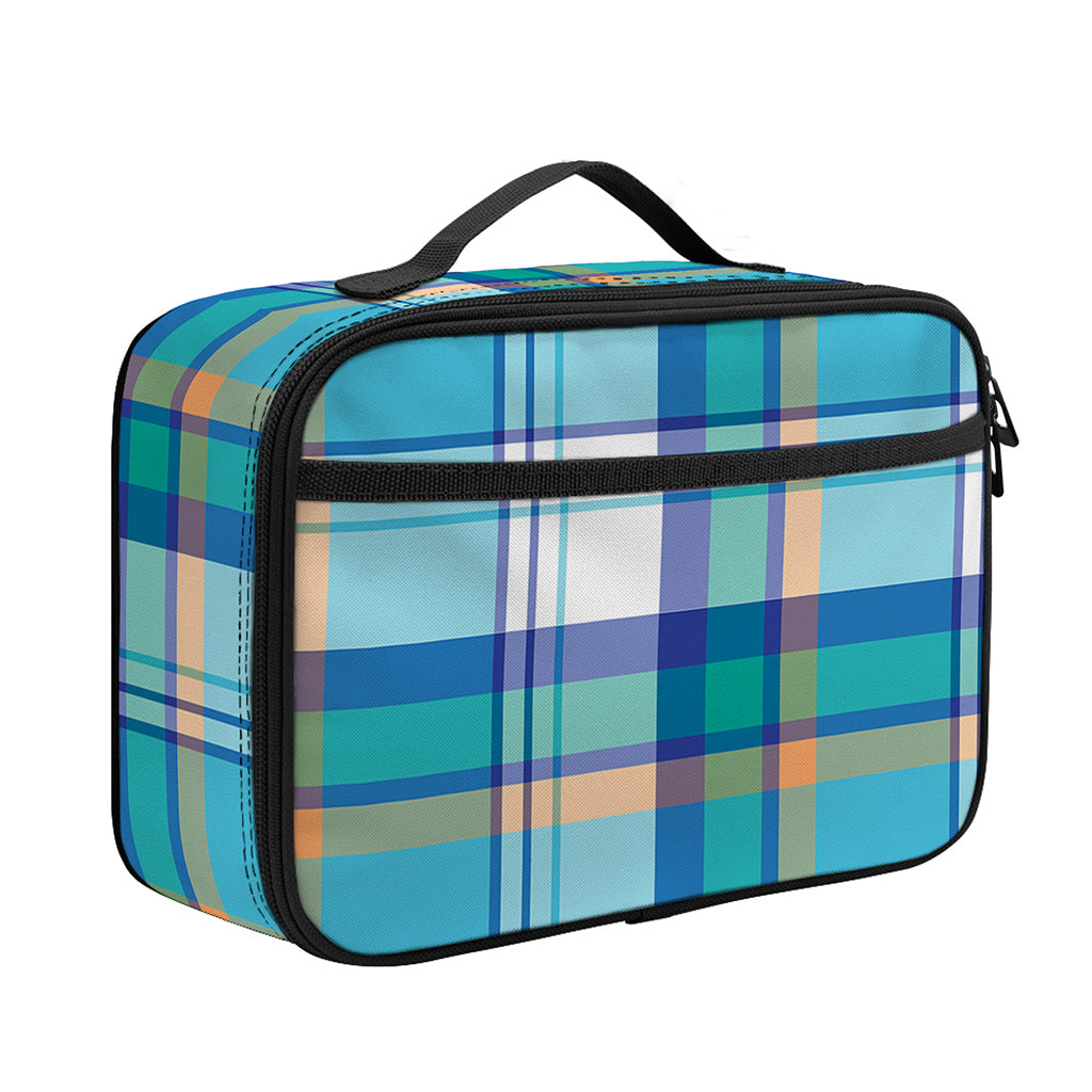 Blue Madras Pattern Print Portable Lunch Bag