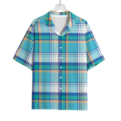 Blue Madras Pattern Print Rayon Hawaiian Shirt