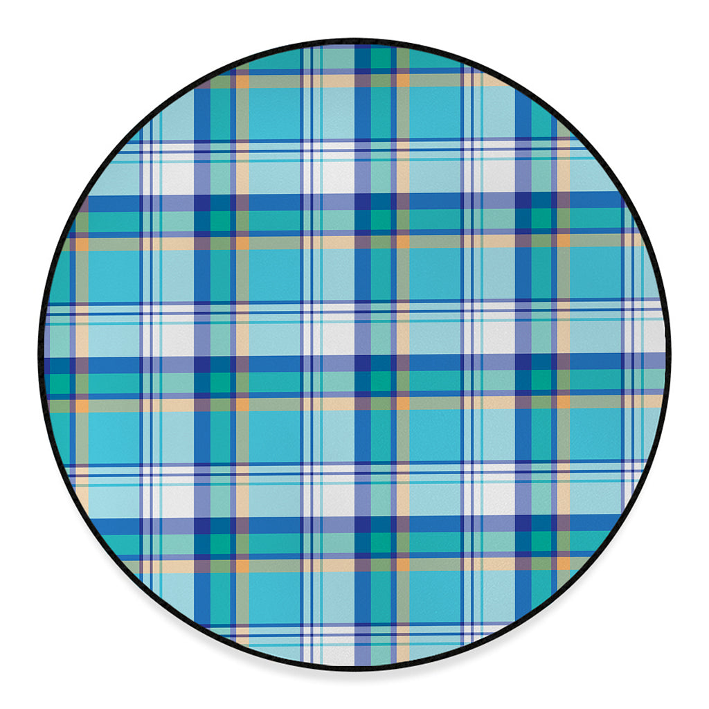 Blue Madras Pattern Print Round Floor Mat
