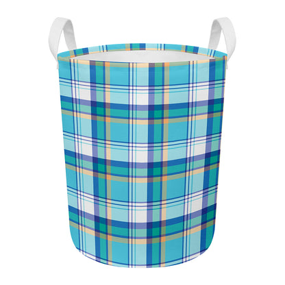 Blue Madras Pattern Print Round Laundry Basket