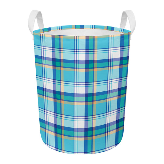 Blue Madras Pattern Print Round Laundry Basket