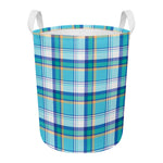 Blue Madras Pattern Print Round Laundry Basket