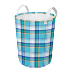 Blue Madras Pattern Print Round Laundry Basket