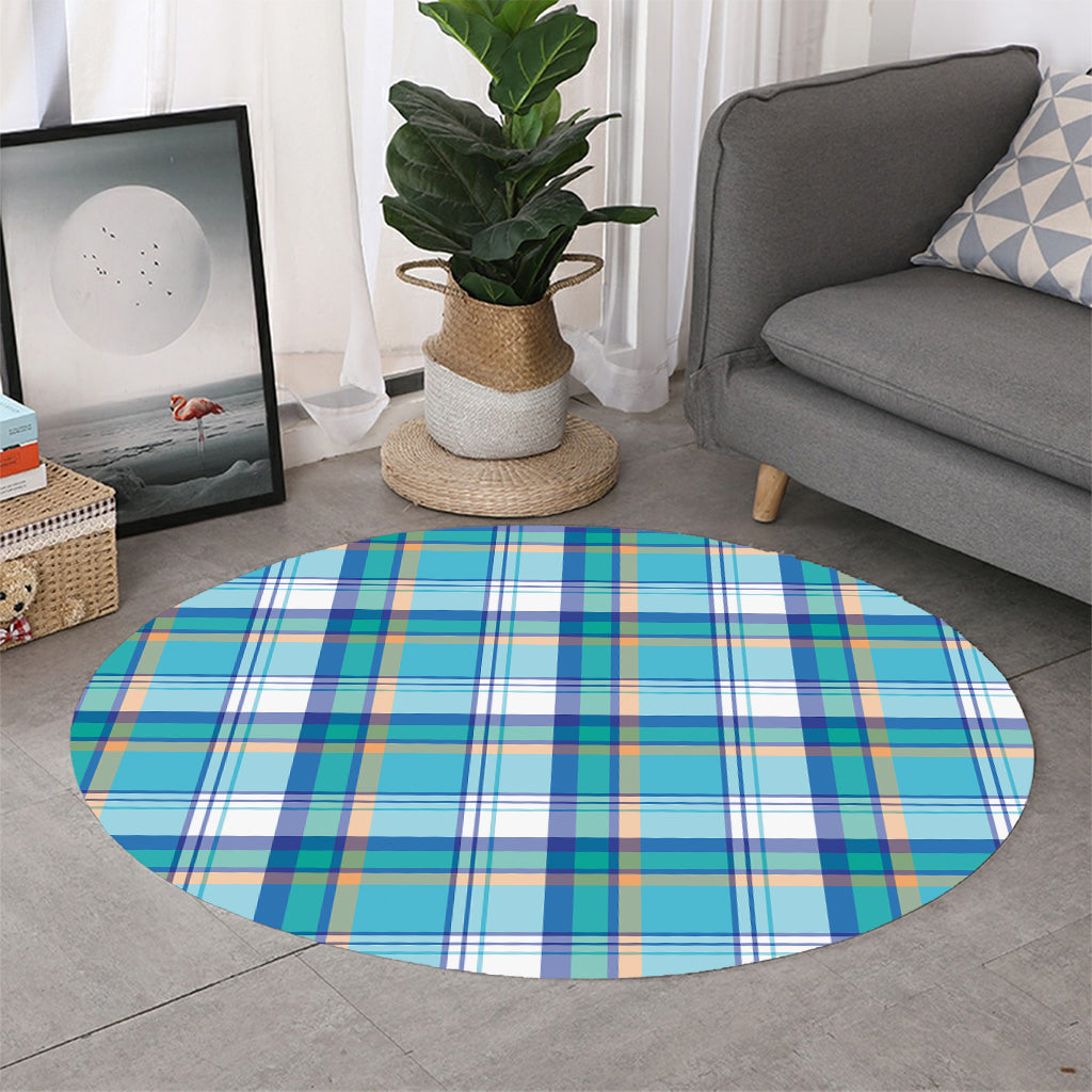Blue Madras Pattern Print Round Rug