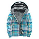 Blue Madras Pattern Print Sherpa Lined Zip Up Hoodie