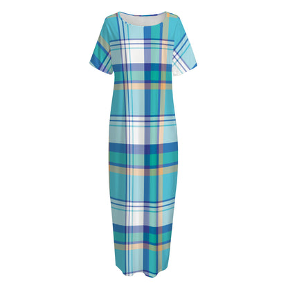 Blue Madras Pattern Print Short Sleeve Long Nightdress