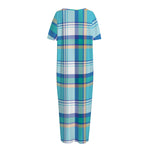 Blue Madras Pattern Print Short Sleeve Long Nightdress