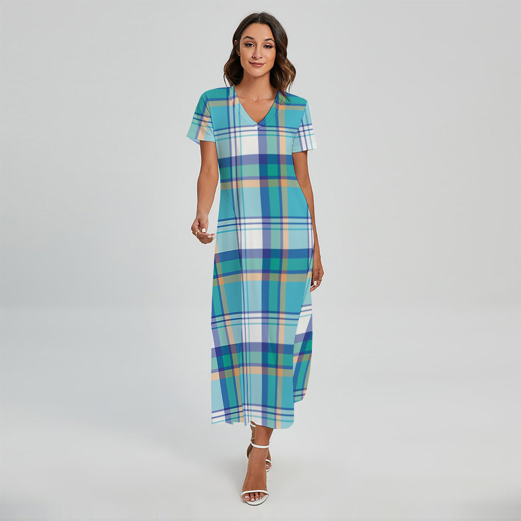 Blue Madras Pattern Print Short Sleeve Maxi Dress