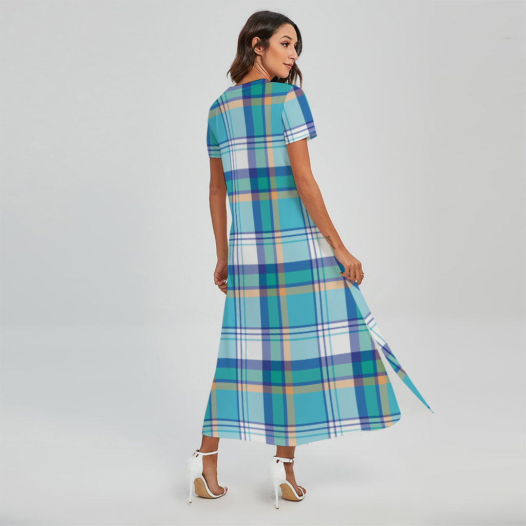 Blue Madras Pattern Print Short Sleeve Maxi Dress