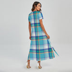 Blue Madras Pattern Print Short Sleeve Maxi Dress