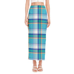 Blue Madras Pattern Print Side Slit Maxi Skirt