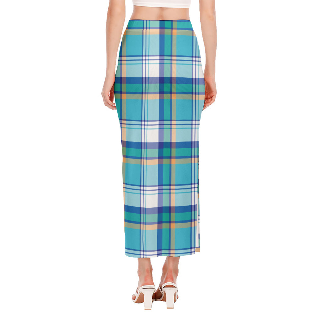 Blue Madras Pattern Print Side Slit Maxi Skirt