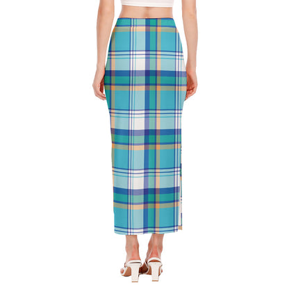 Blue Madras Pattern Print Side Slit Maxi Skirt