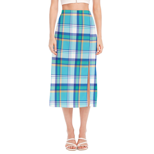 Blue Madras Pattern Print Side Slit Midi Skirt