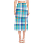 Blue Madras Pattern Print Side Slit Midi Skirt