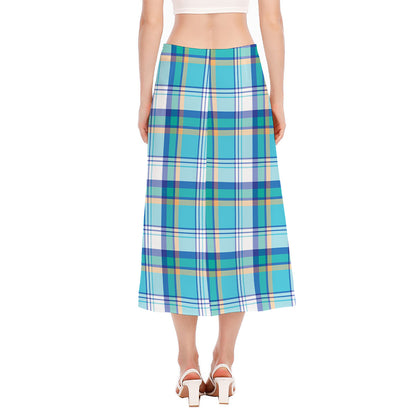 Blue Madras Pattern Print Side Slit Midi Skirt
