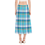 Blue Madras Pattern Print Side Slit Midi Skirt