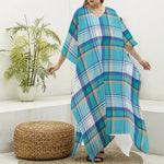 Blue Madras Pattern Print Silk V-Neck Kaftan Dress