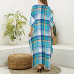 Blue Madras Pattern Print Silk V-Neck Kaftan Dress