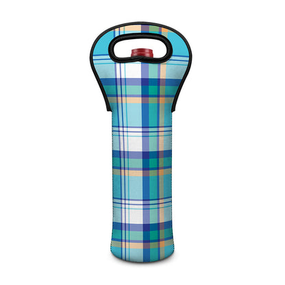 Blue Madras Pattern Print Single Neoprene Wine Tote
