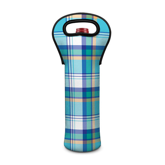 Blue Madras Pattern Print Single Neoprene Wine Tote