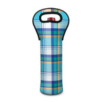 Blue Madras Pattern Print Single Neoprene Wine Tote