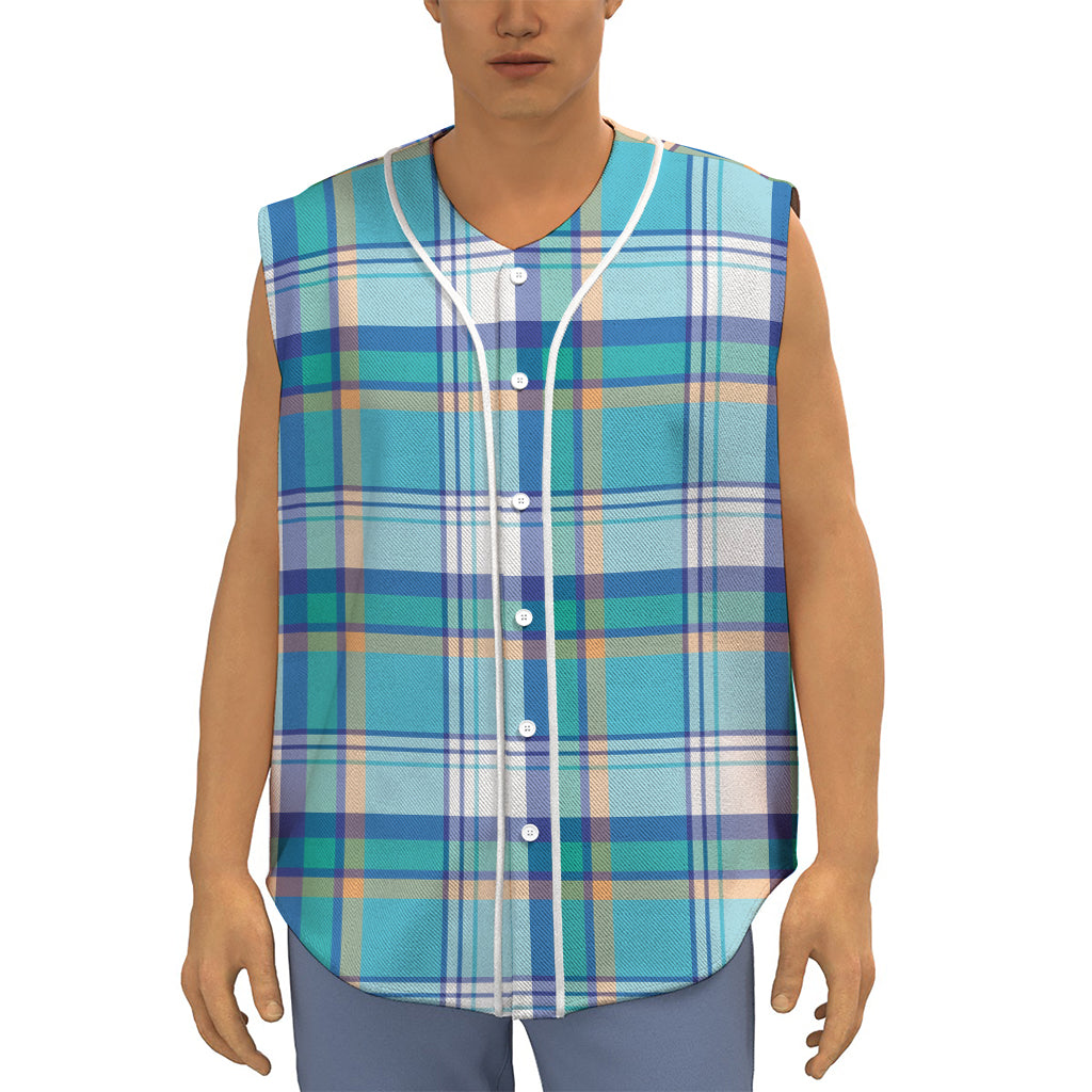Blue Madras Pattern Print Sleeveless Baseball Jersey