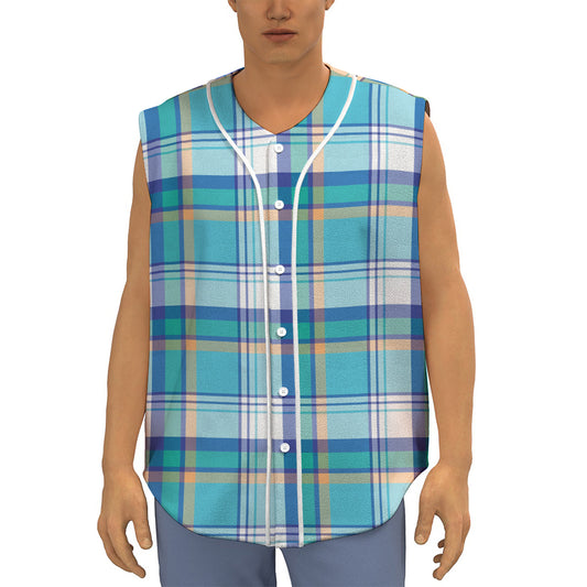 Blue Madras Pattern Print Sleeveless Baseball Jersey