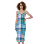 Blue Madras Pattern Print Slim Fit Midi Cami Dress