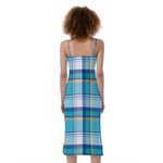 Blue Madras Pattern Print Slim Fit Midi Cami Dress