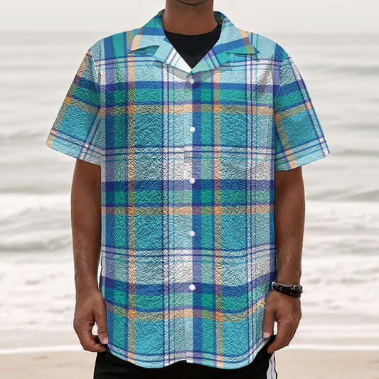 Blue Madras Pattern Print Textured Short Sleeve Shirt