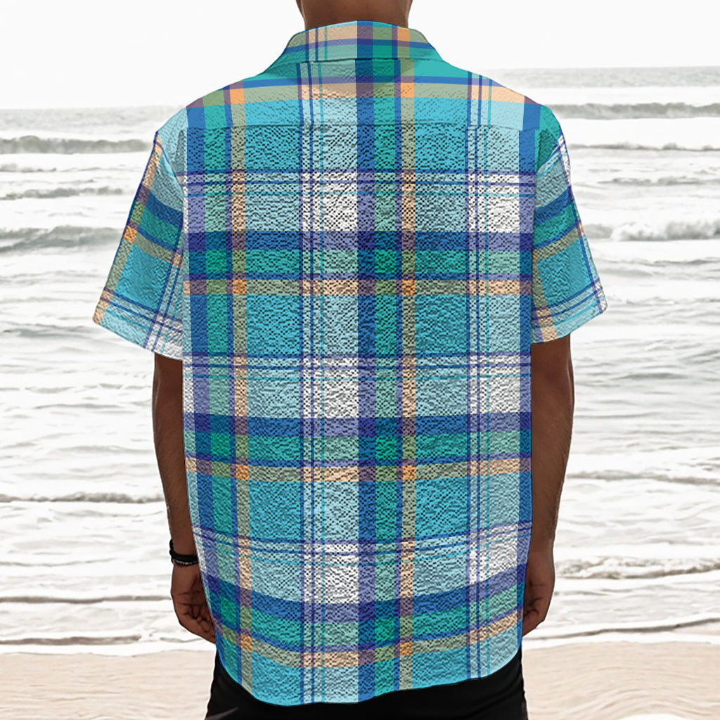 Blue Madras Pattern Print Textured Short Sleeve Shirt