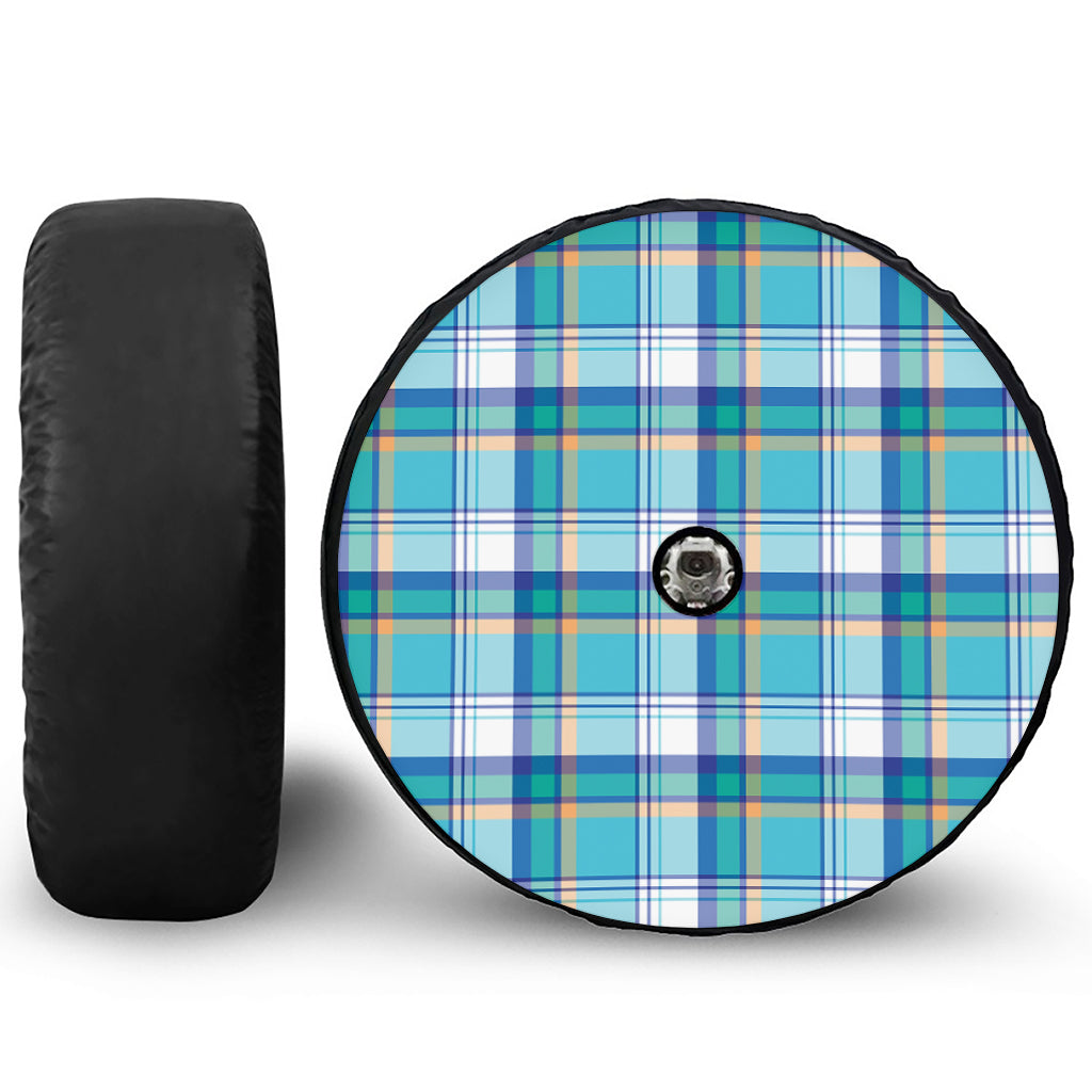 Blue Madras Pattern Print Tire Cover With Camera Hole