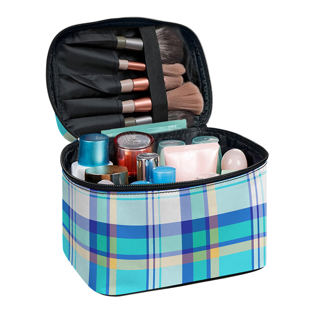 Blue Madras Pattern Print Travel Makeup Bag