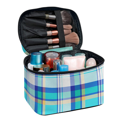 Blue Madras Pattern Print Travel Makeup Bag