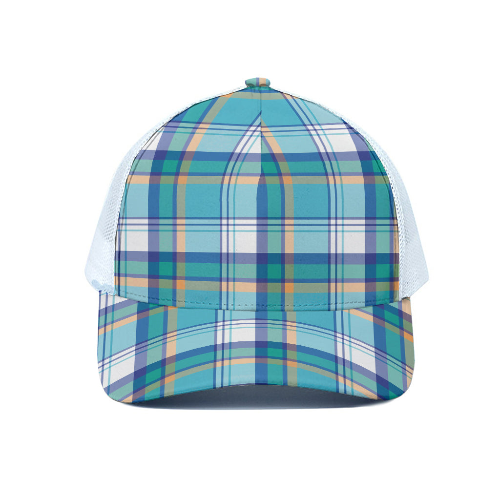 Blue Madras Pattern Print White Mesh Trucker Cap