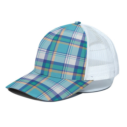 Blue Madras Pattern Print White Mesh Trucker Cap
