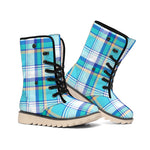 Blue Madras Pattern Print Winter Boots