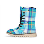 Blue Madras Pattern Print Winter Boots