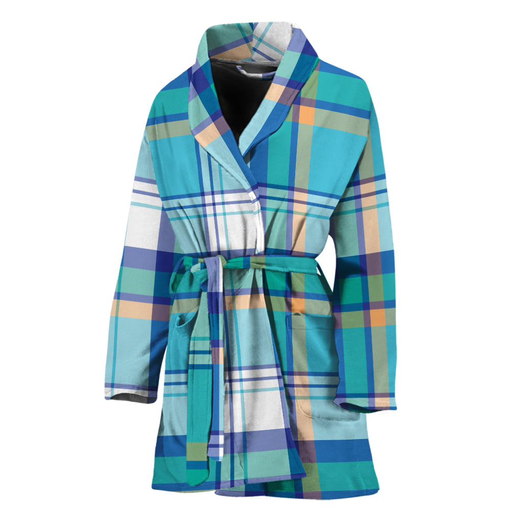 Blue Madras Pattern Print Women's Bathrobe