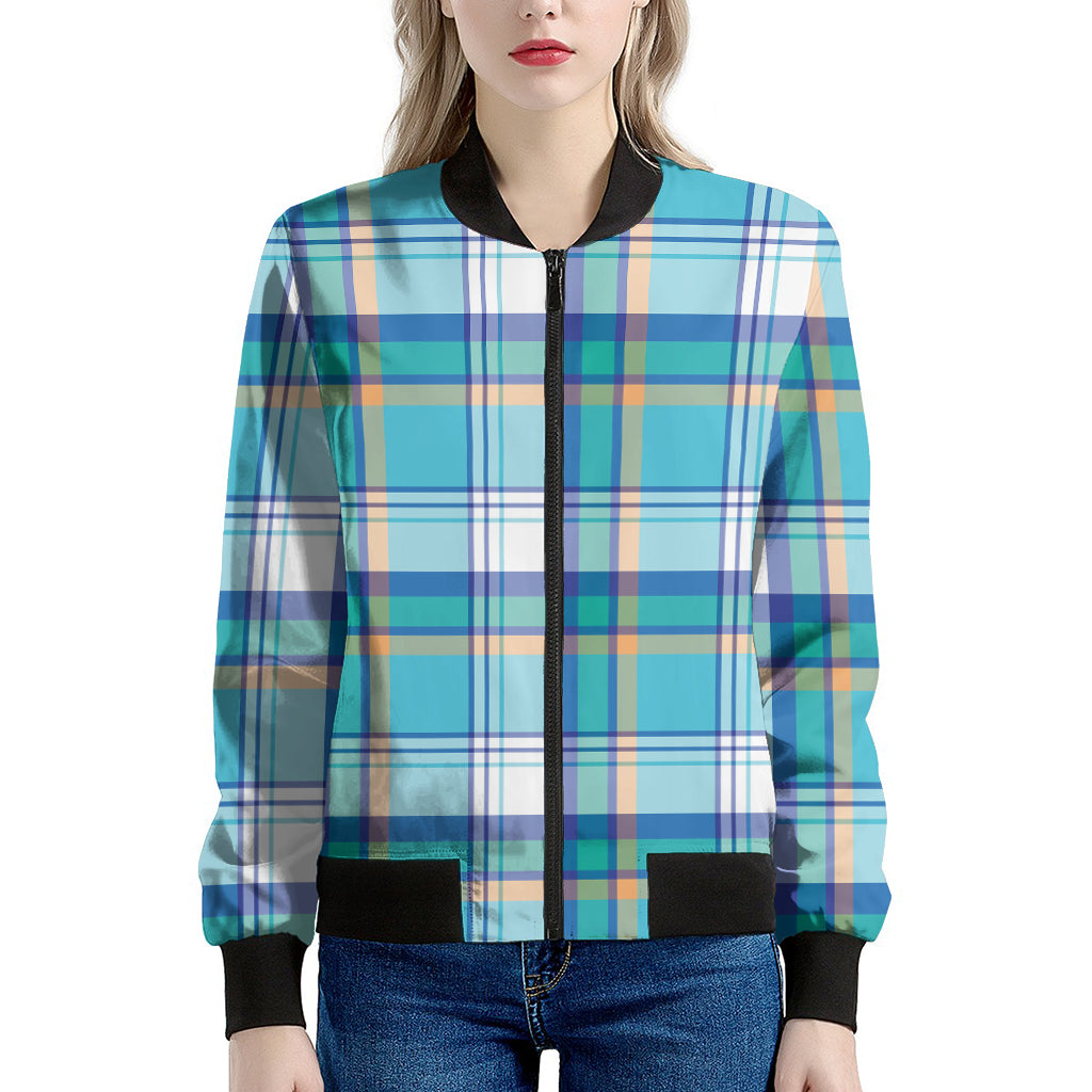 Blue Madras Pattern Print Women's Bomber Jacket