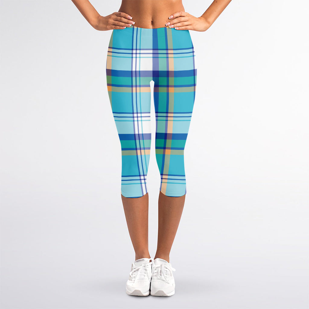 Blue Madras Pattern Print Women's Capri Leggings
