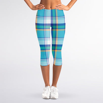 Blue Madras Pattern Print Women's Capri Leggings