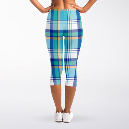 Blue Madras Pattern Print Women's Capri Leggings