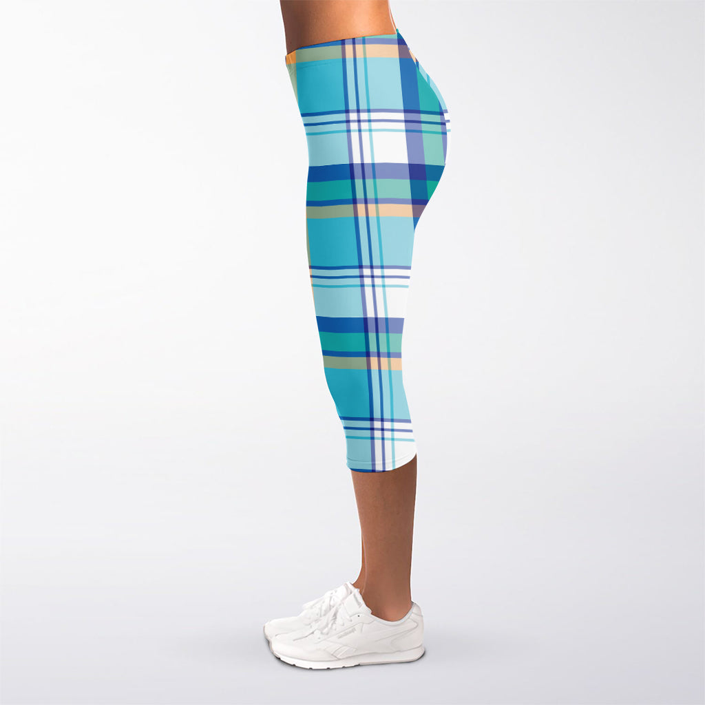 Blue Madras Pattern Print Women's Capri Leggings