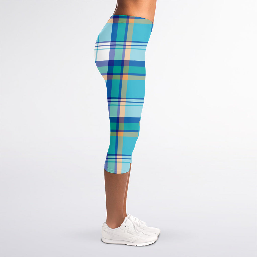 Blue Madras Pattern Print Women's Capri Leggings